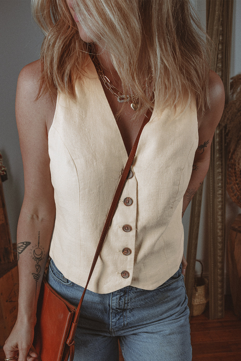 White Slim Fit Buttoned V Neck Vest