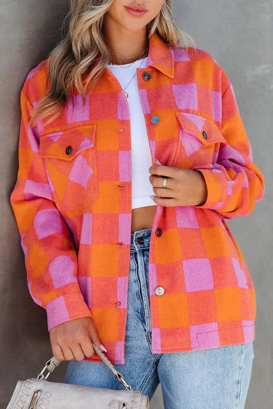 Orange Plaid Chest Pockets Button-up Turn Down Collar Jacket