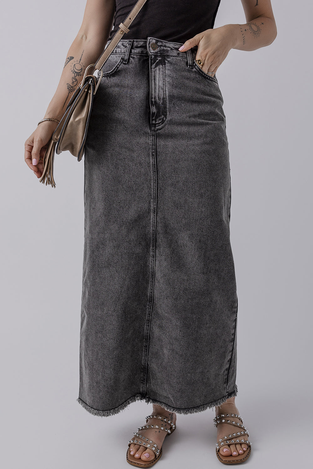 Dark Grey Denim Raw Hem Back Split High Waist Long Skirt