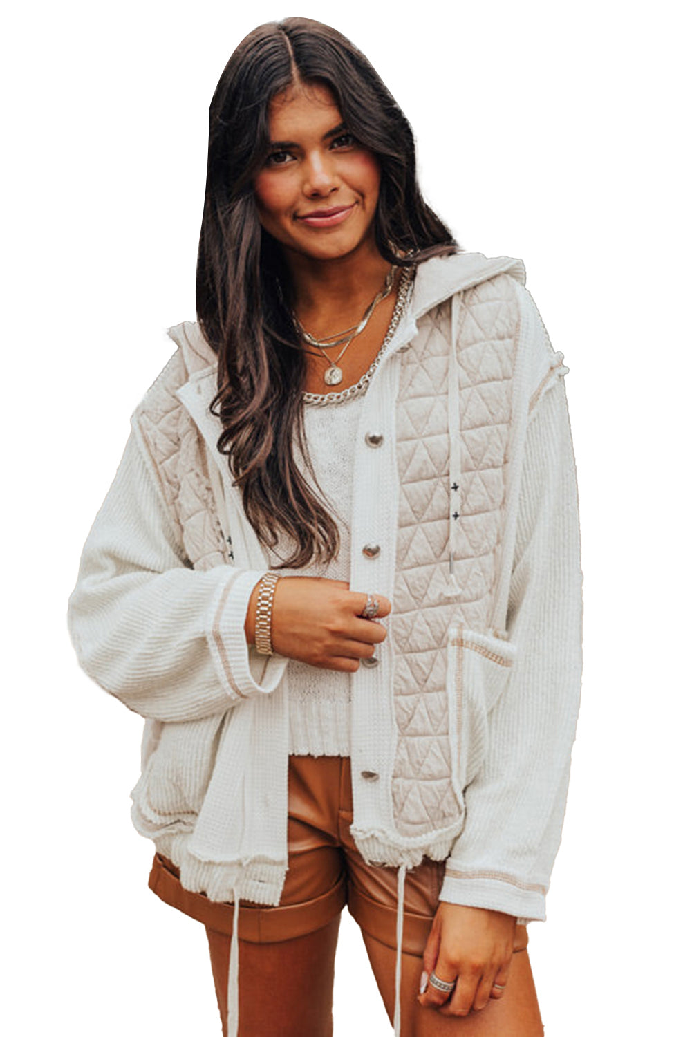 Coral Quilted Textured Patchwork Hooded Jacket