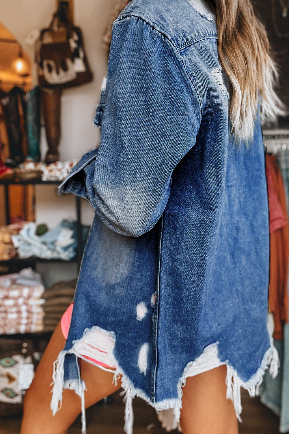 Beau Blue Light Wash Distressed Frayed Long Denim Jacket