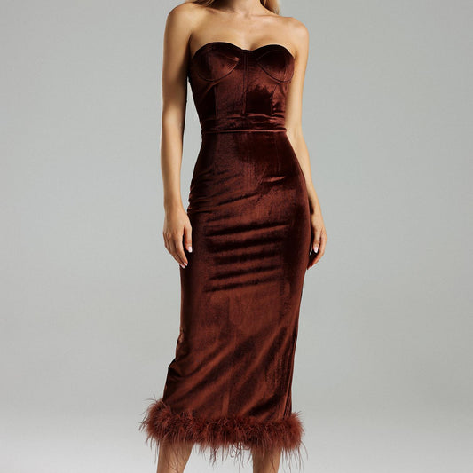 Uzaco Velvet Feather Hem Dress