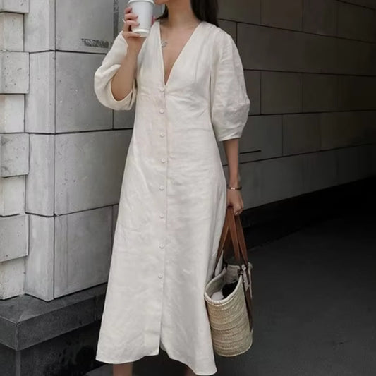 Frida French Beige Cotton Linen Puff Sleeve Dress