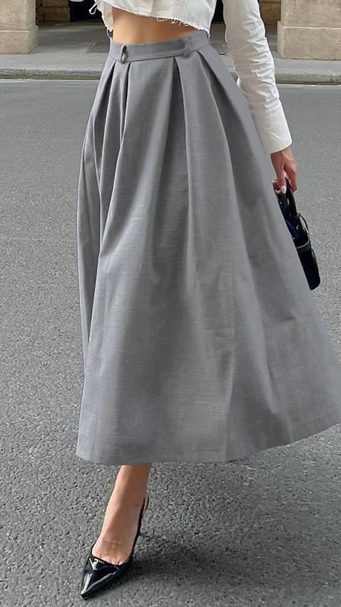 Grey High Waist Skirt A-Line Long Skirt Office Women's Casual Skirt with Zipper