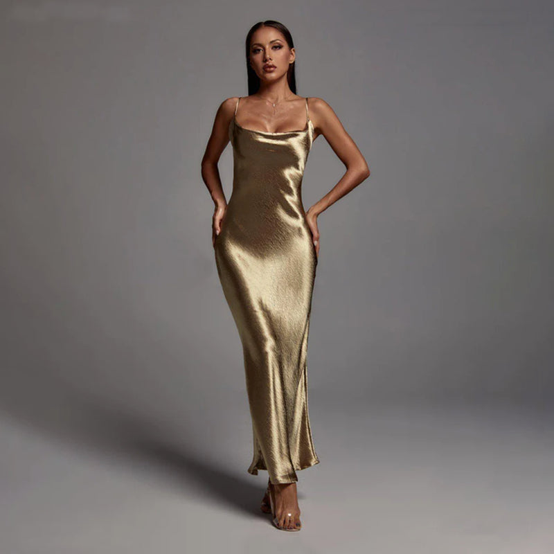 Siara Spaghetti Strap Metallic Long Backless Maxi Dress