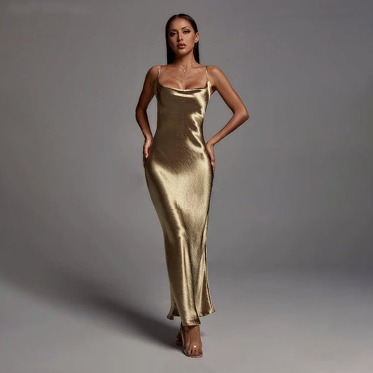 Siara Spaghetti Strap Metallic Long Backless Maxi Dress