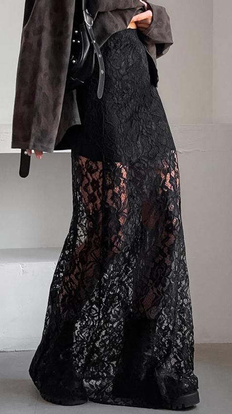 Black See Through Long Skirt Lace Hollow Elastic Skirt