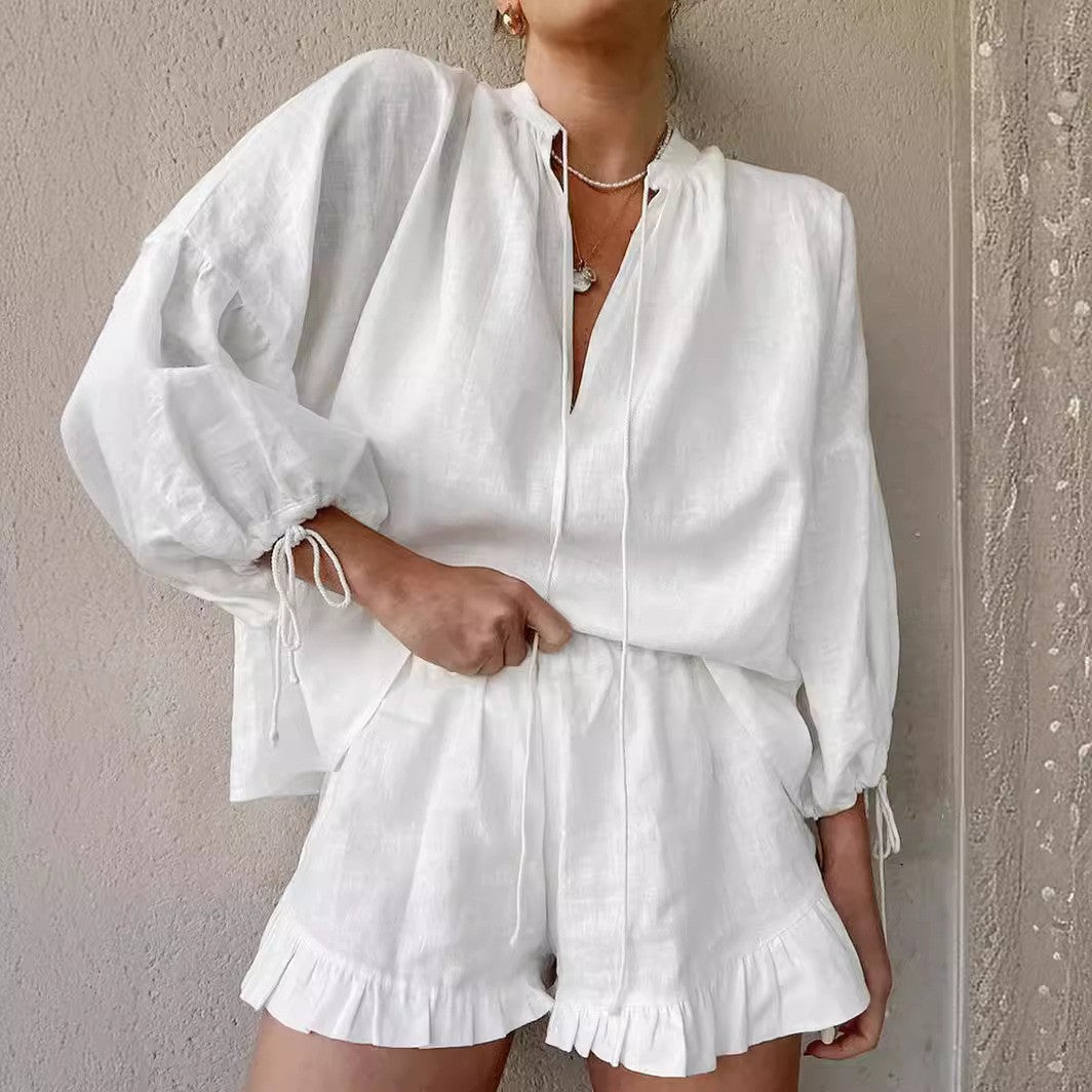 Laura V-neck lantern sleeve tie up shorts two-piece set