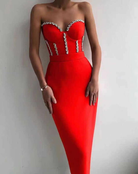 Ruby Rhinestone Midi Evening Dress