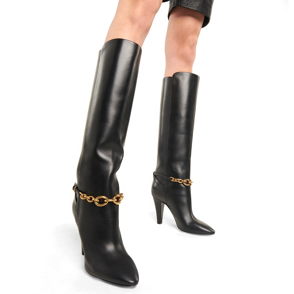 Black Pointed Toe Metal Chain Slip On Winter Large Size High Knee Boots