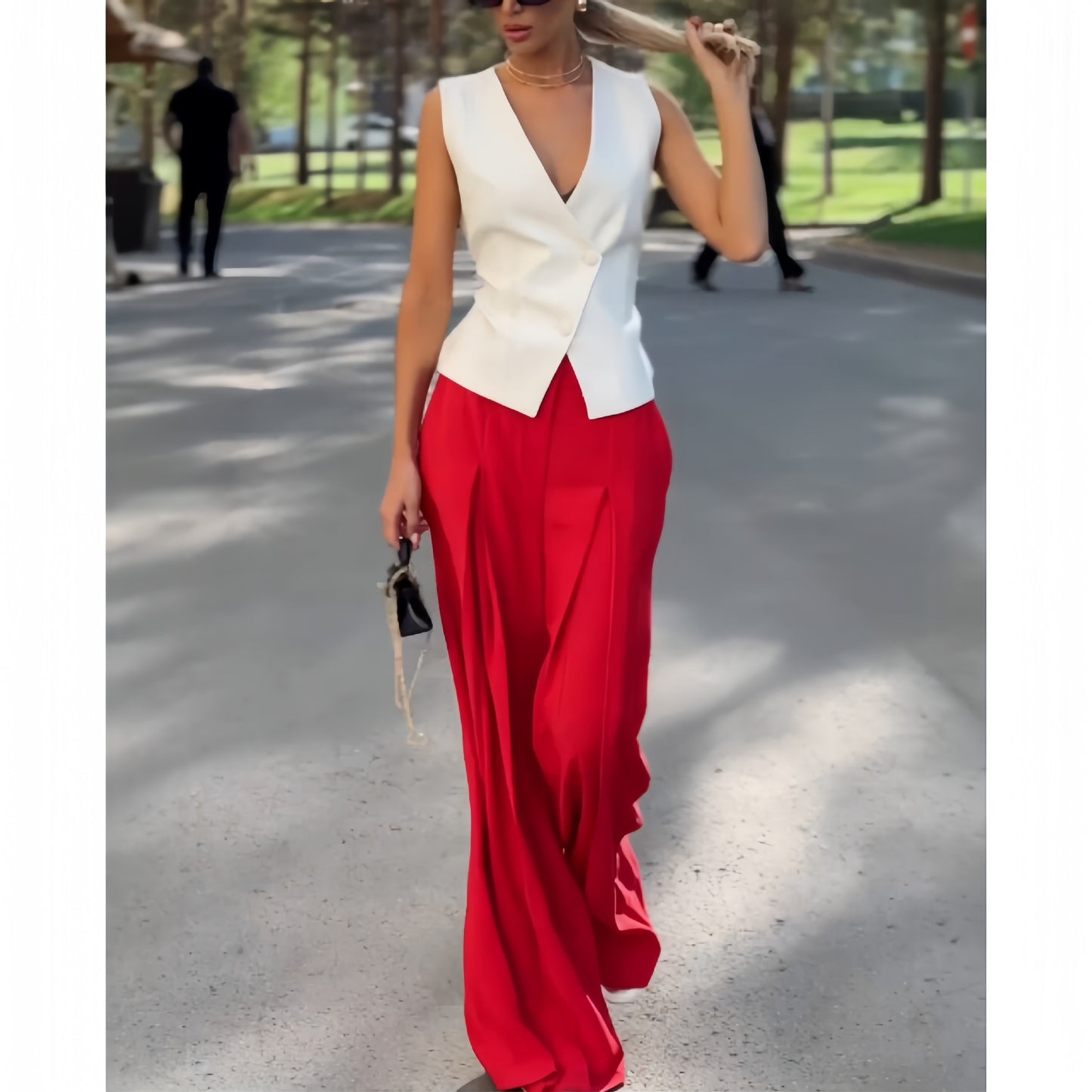 Two piece set woman wide leg pants with vest