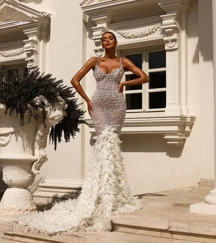 Anastasia White Long Sequined Beaded Feather Dress