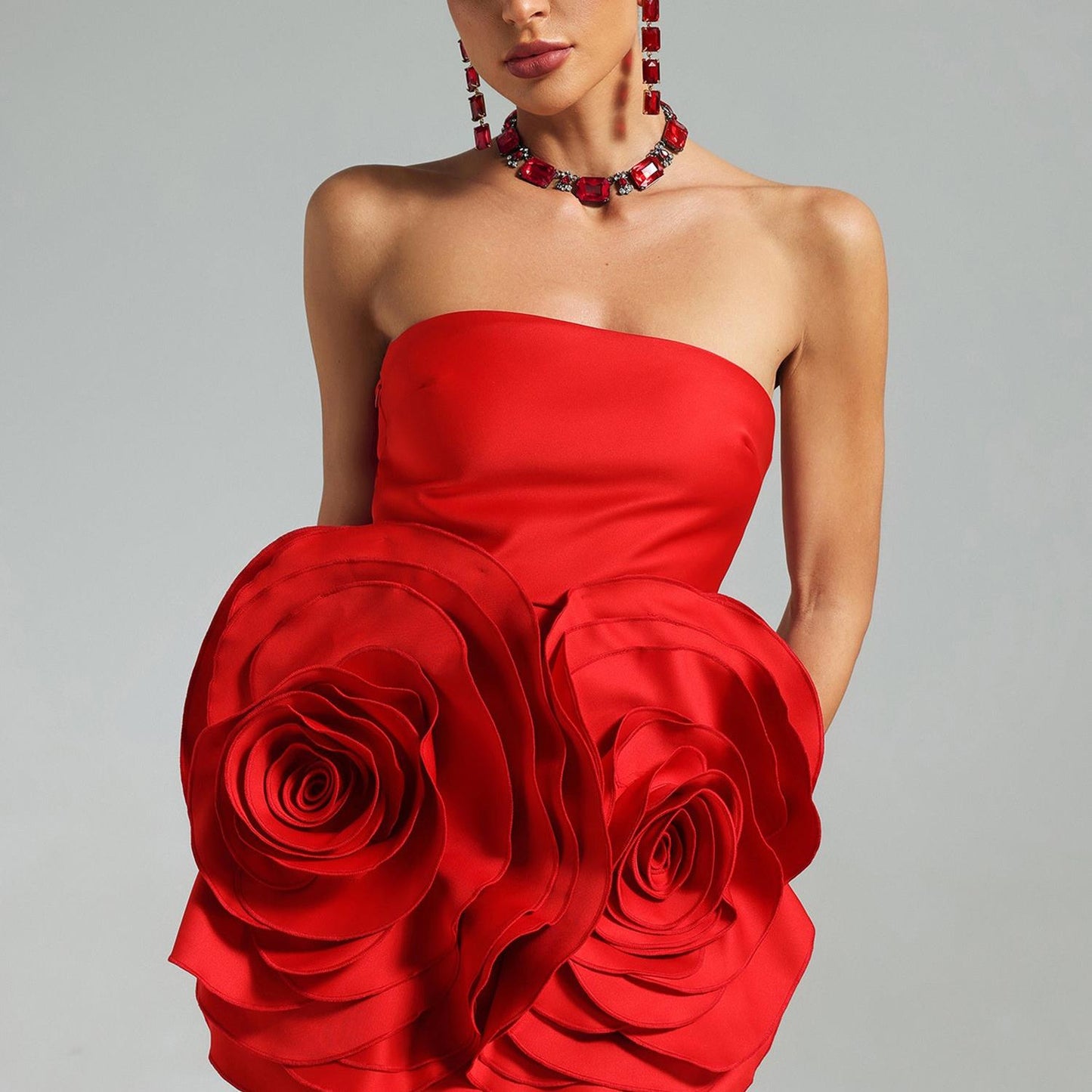 Shaha Flowers Tube Top Mini Dress - Red Sexy Elegant Evening Party Wear Dress