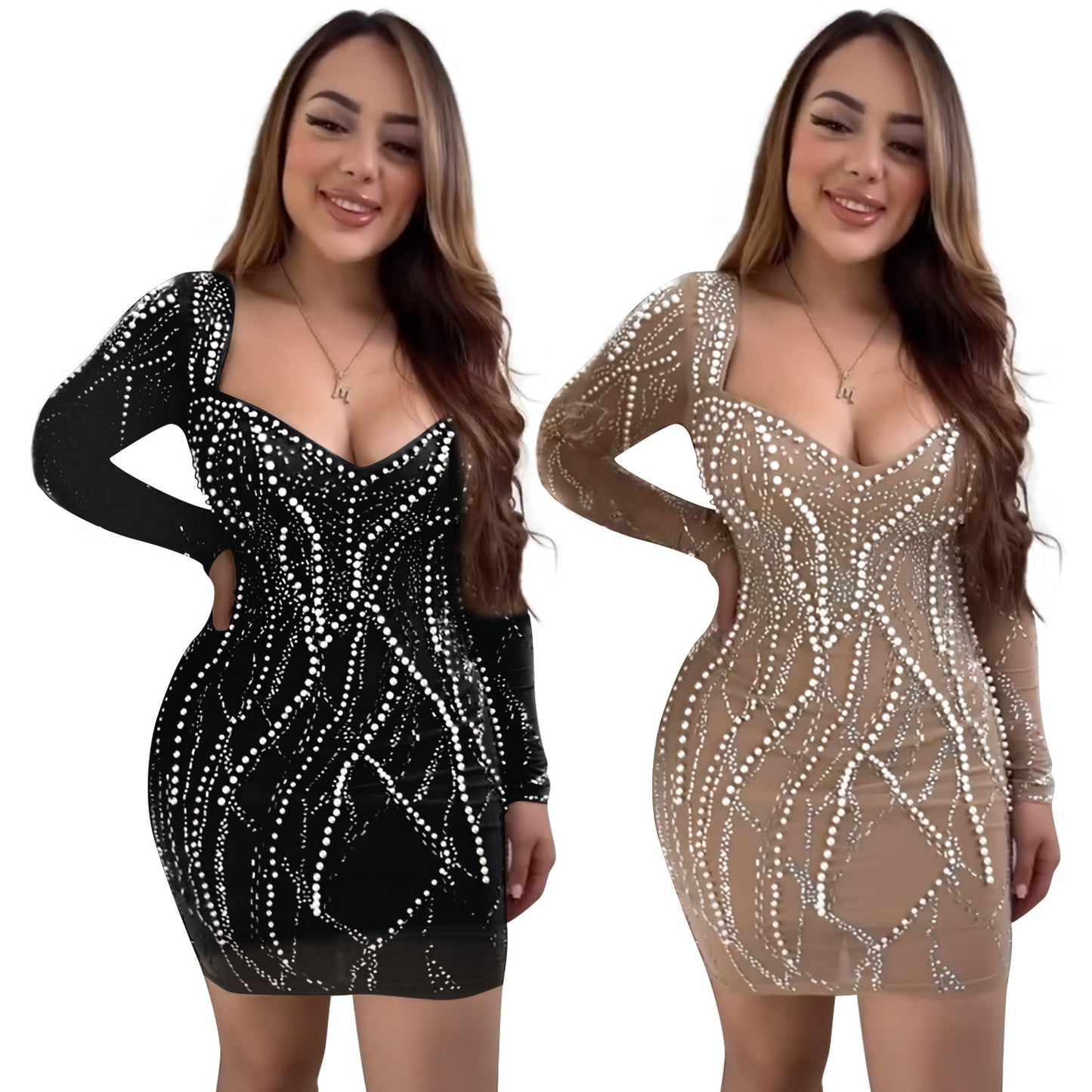 Kylie Long Sleeved Rhinestones Party Dresses