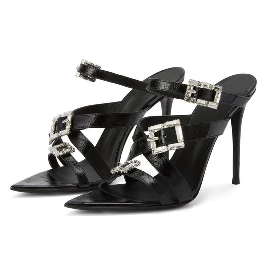 Black Open Pointed Toe High Heel Sandals Rhinestone Embellishment Heels