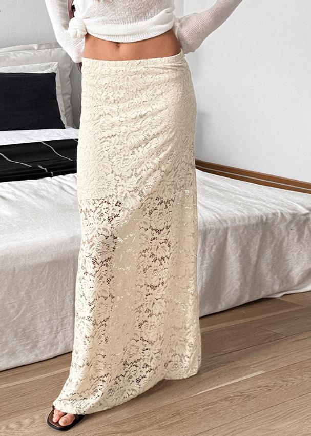 Casual Apricot Long Skirt Autumn Lace See Through Skirt