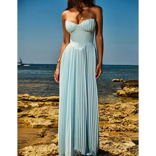 Peony High Waist Strapless Pleated Maxi Dress