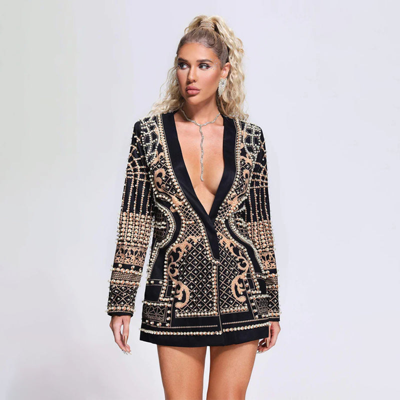 Bre Long Sleeve Pearl Design Deep V Neck Women Casual Jacket Blazer Dress