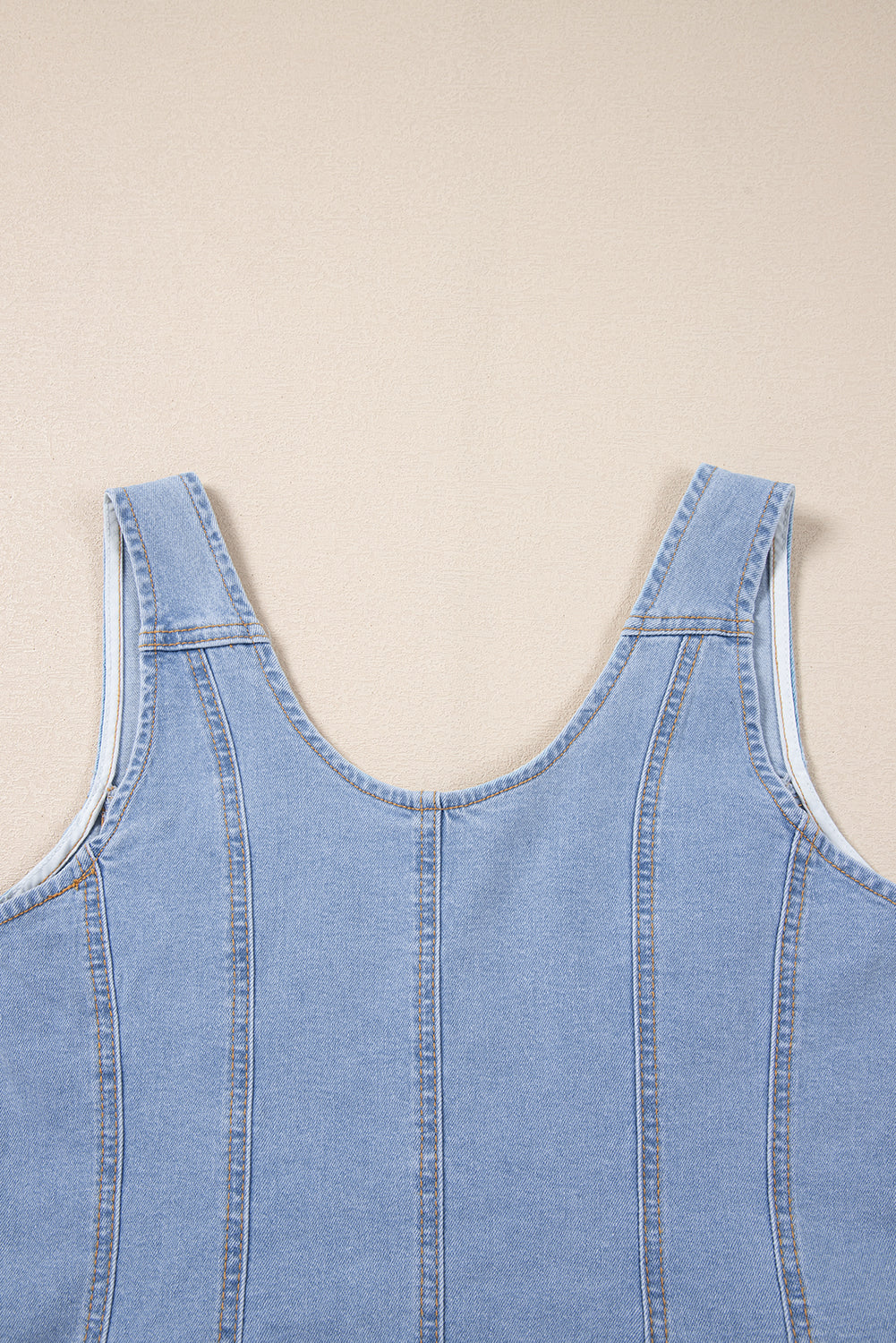 Beau Blue Light Wash Denim Buttoned Front Chest Pockets Sleeveless Slim Mini Dress