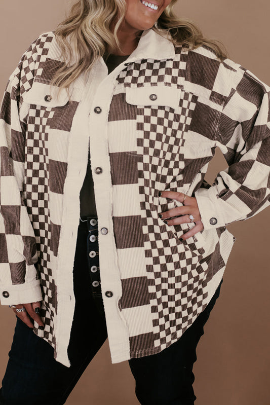 Brown Checkered Print Corduroy Plus Size Shacket