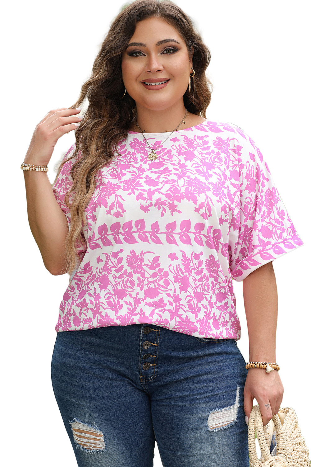 White Floral Print Rounded Hem Plus Size T Shirt