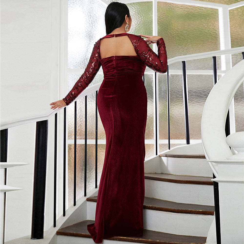 V Neck Long Sleeve Contrast Sequin Sweetheart Neck Slit Thigh Red Gowns Velvet Formal Plus Size Womens Dresses