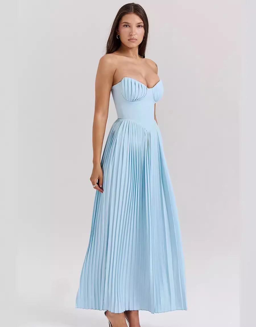 Peony High Waist Strapless Pleated Maxi Dress