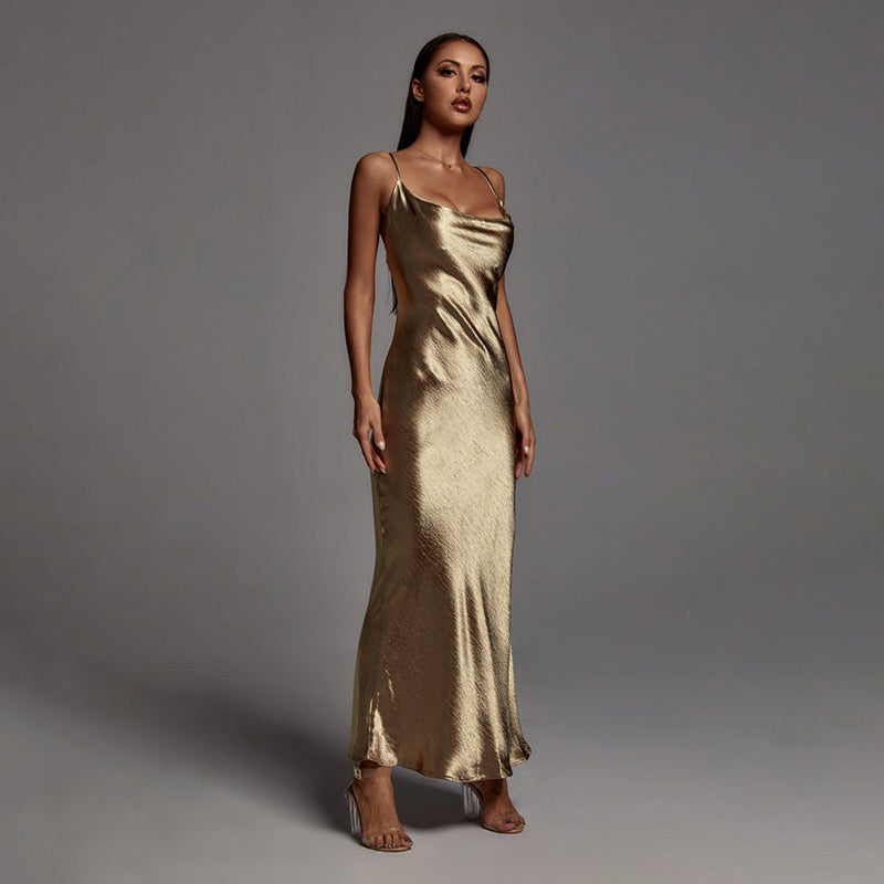 Siara Spaghetti Strap Metallic Long Backless Maxi Dress