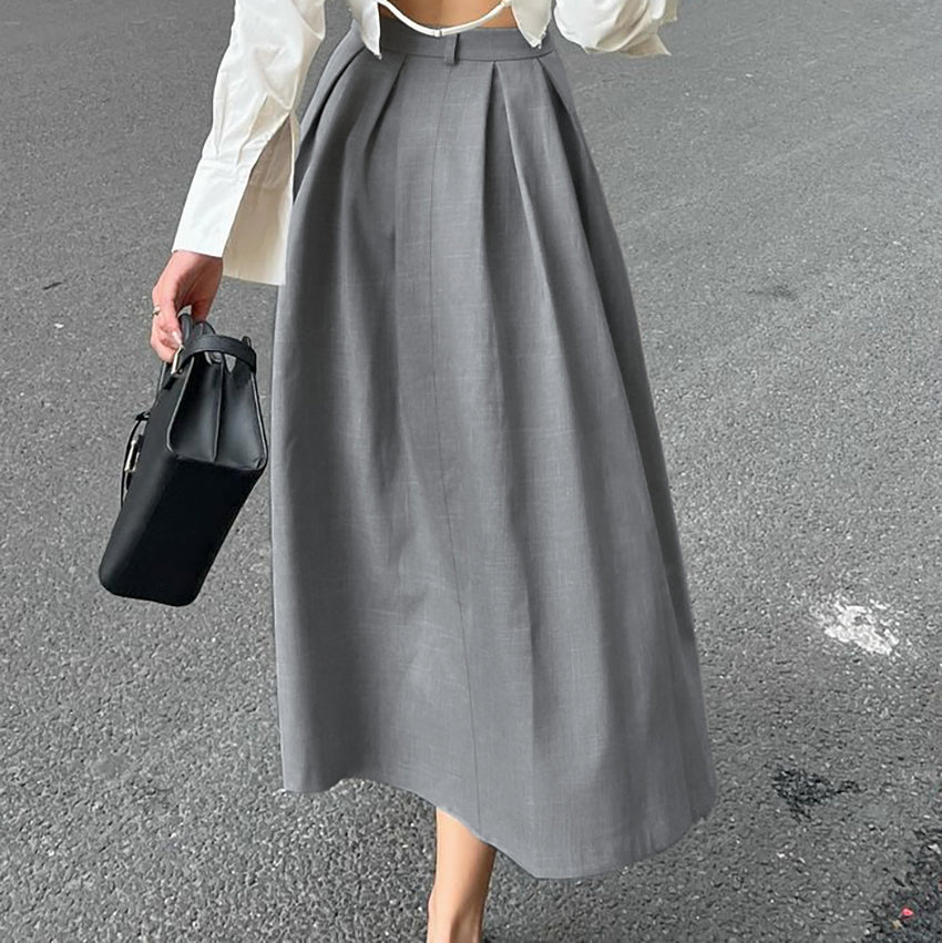 Grey High Waist Skirt A-Line Long Skirt Office Women's Casual Skirt with Zipper