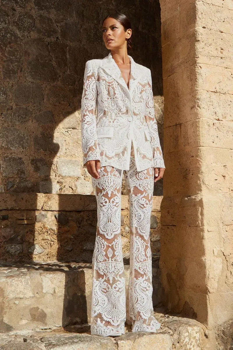 Hailey Two-Piece White Sequined Pants Suit – Radiate Elegance and Glamour