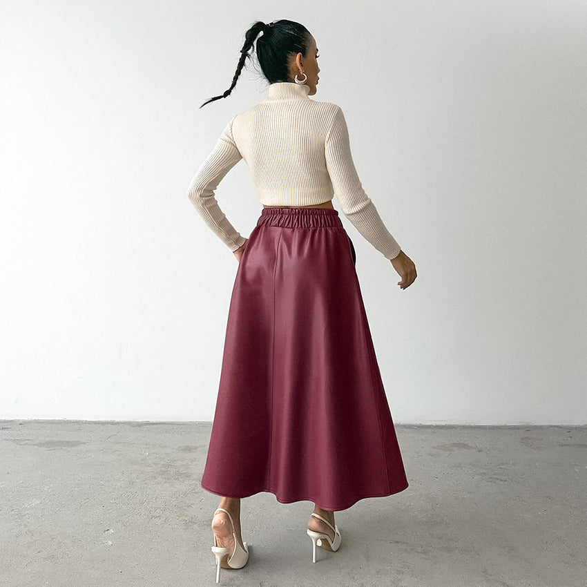 Midi Skirts A-line Skirt Elegant PU