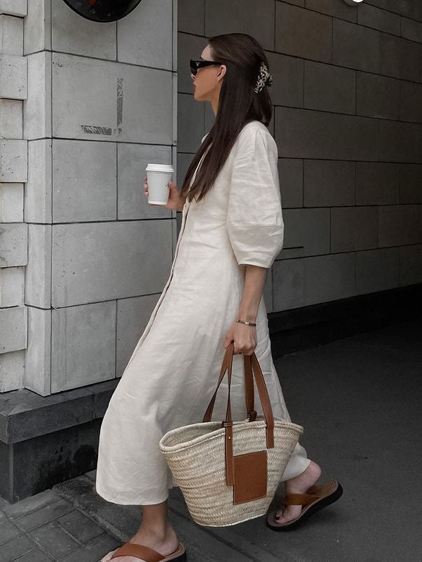 Frida French Beige Cotton Linen Puff Sleeve Dress