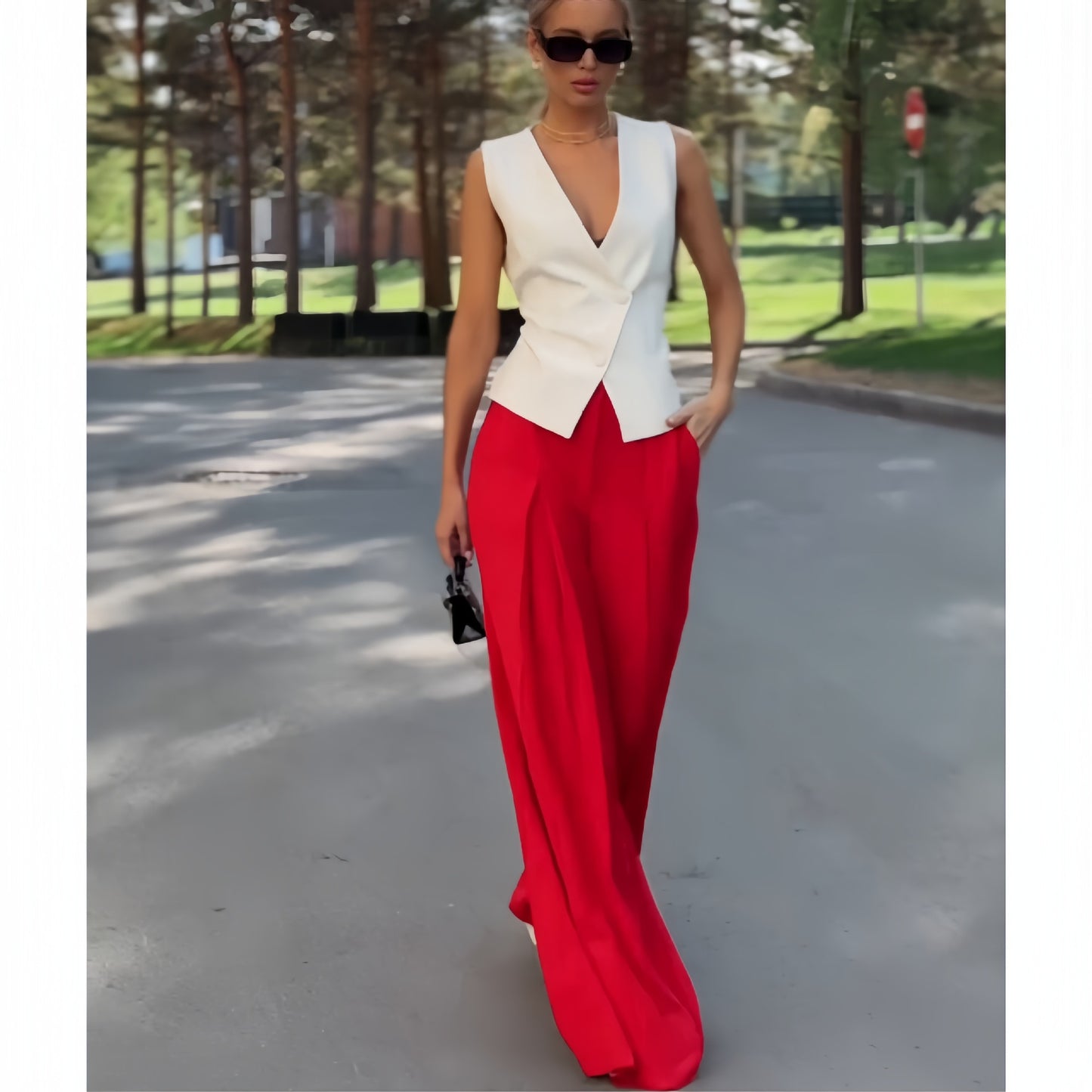 Two piece set woman wide leg pants with vest