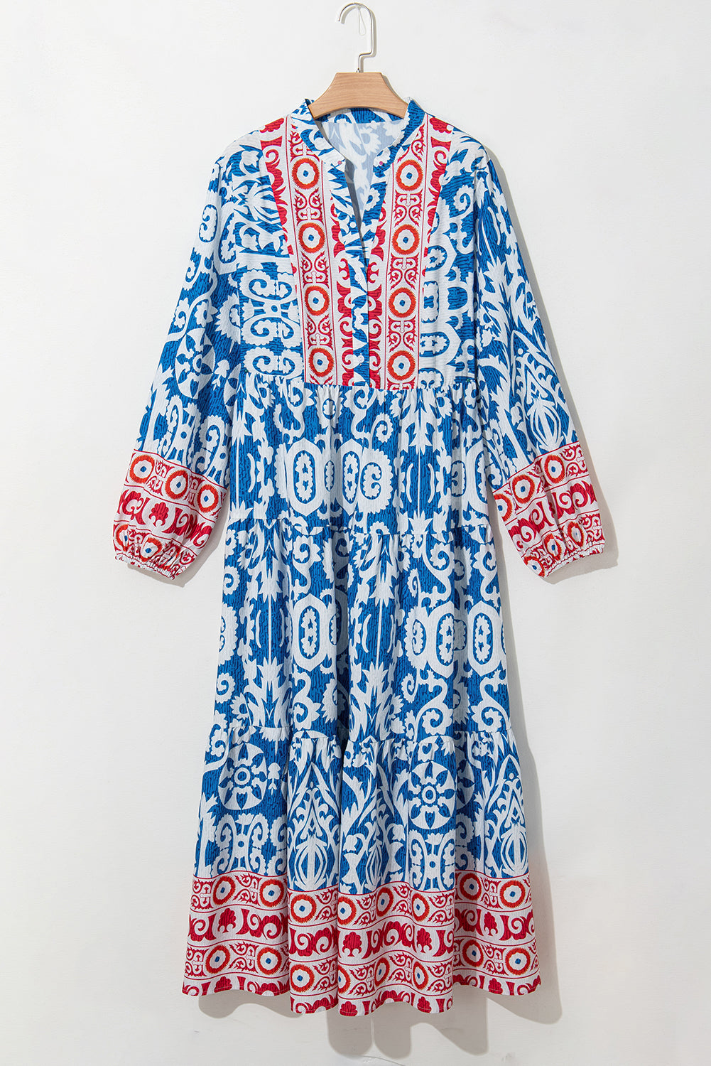 Sky Blue Ethnic Floral Print Notch Neck Plus Size Dress