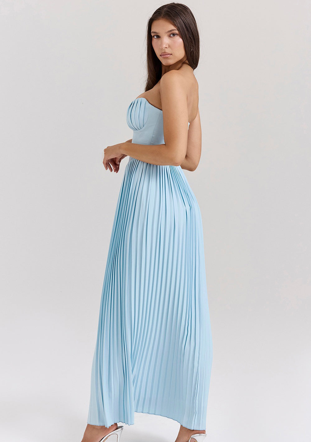 Peony High Waist Strapless Pleated Maxi Dress