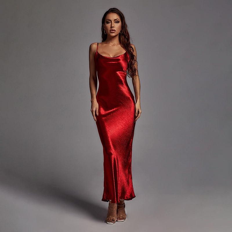 Siara Spaghetti Strap Metallic Long Backless Maxi Dress