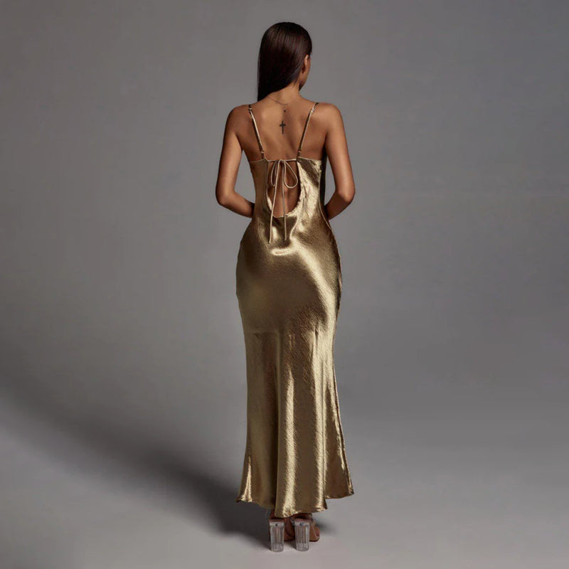 Siara Spaghetti Strap Metallic Long Backless Maxi Dress