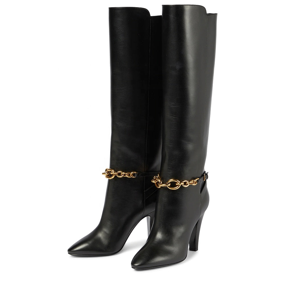 Black Pointed Toe Metal Chain Slip On Winter Large Size High Knee Boots