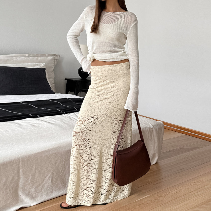 Casual Apricot Long Skirt Autumn Lace See Through Skirt