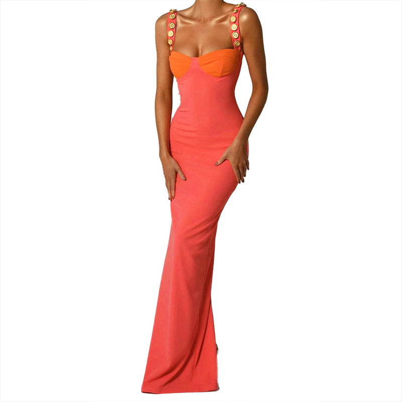 Kristina Orange & Pink Button String Long Maxi Dress – Bright, Bold & Beautiful