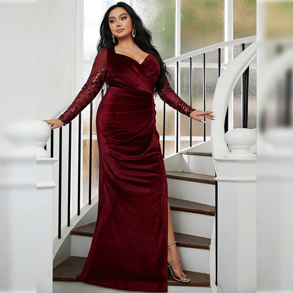 V Neck Long Sleeve Contrast Sequin Sweetheart Neck Slit Thigh Red Gowns Velvet Formal Plus Size Womens Dresses