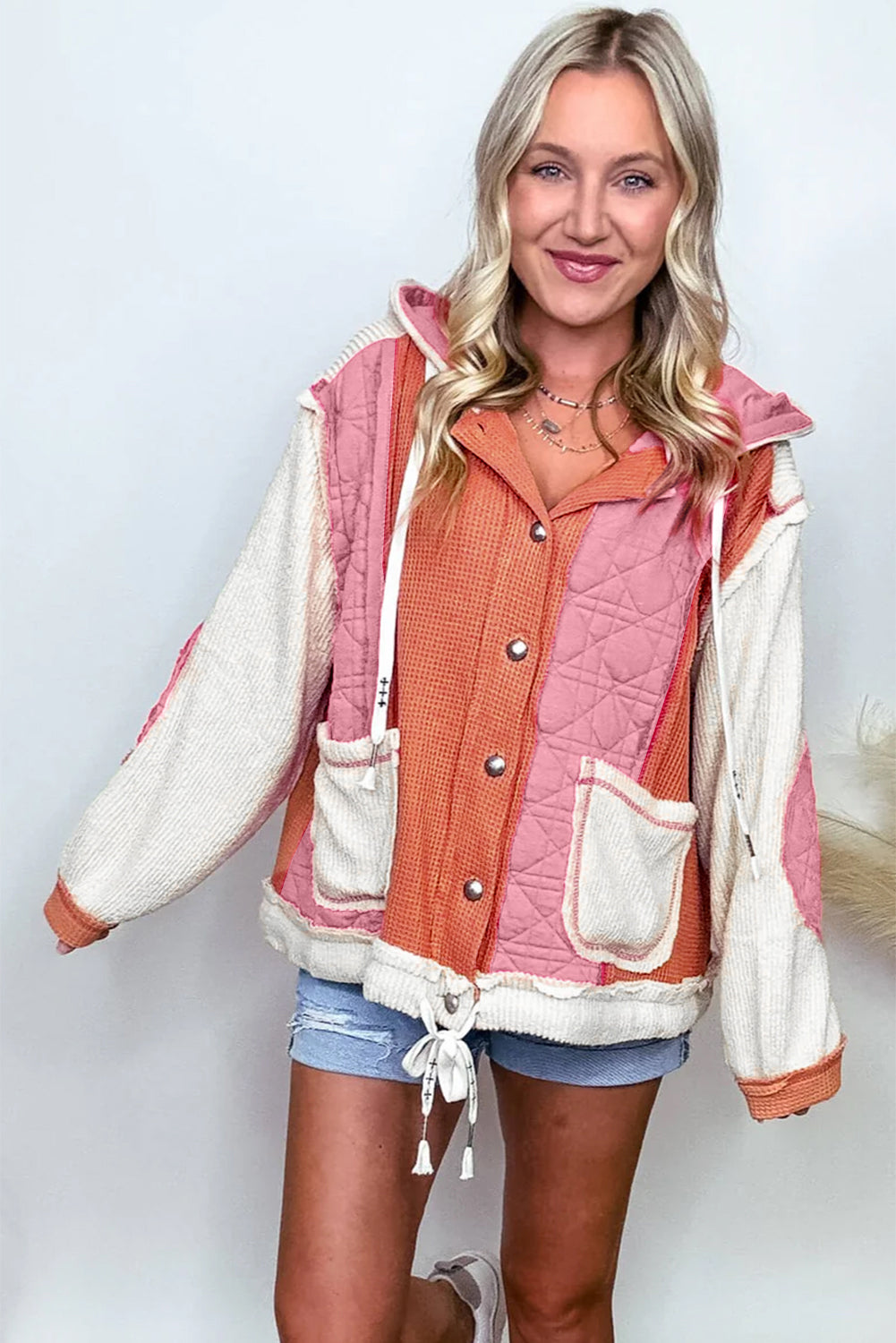 Coral Quilted Textured Patchwork Hooded Jacket