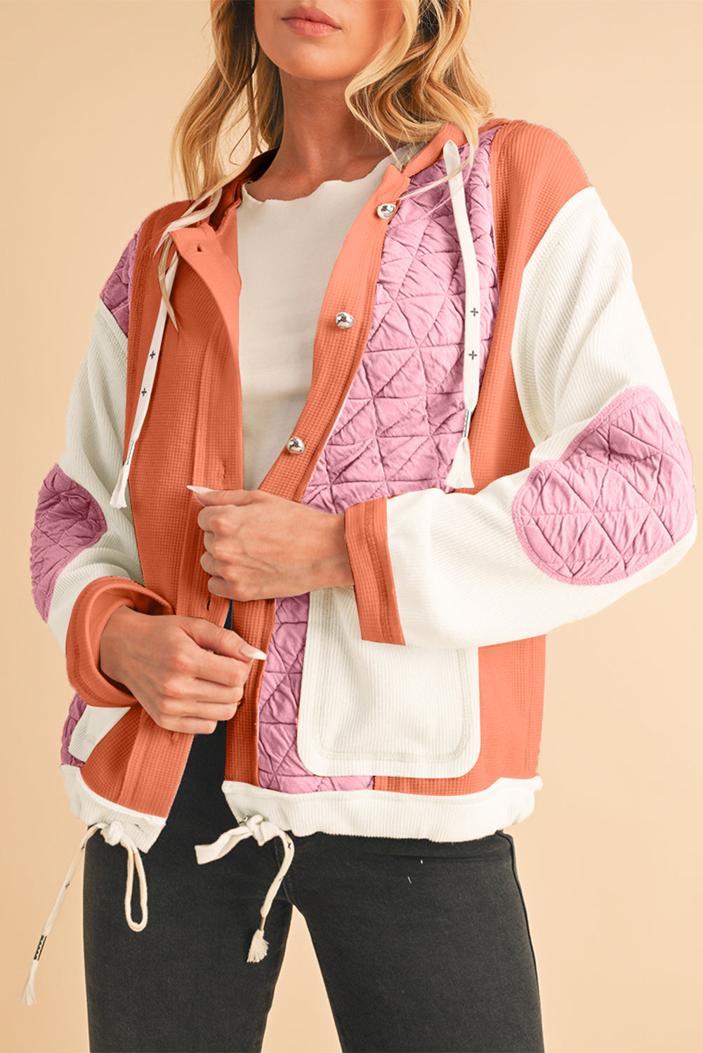 Coral Quilted Textured Patchwork Hooded Jacket