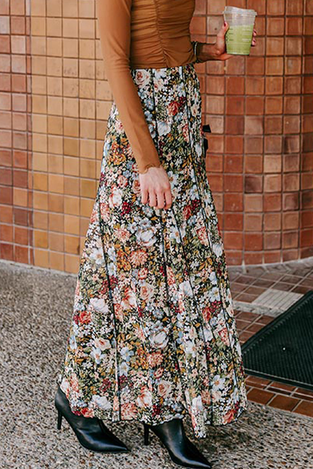 Brown Allover Floral Print Bohemian High Waist Maxi Skirt