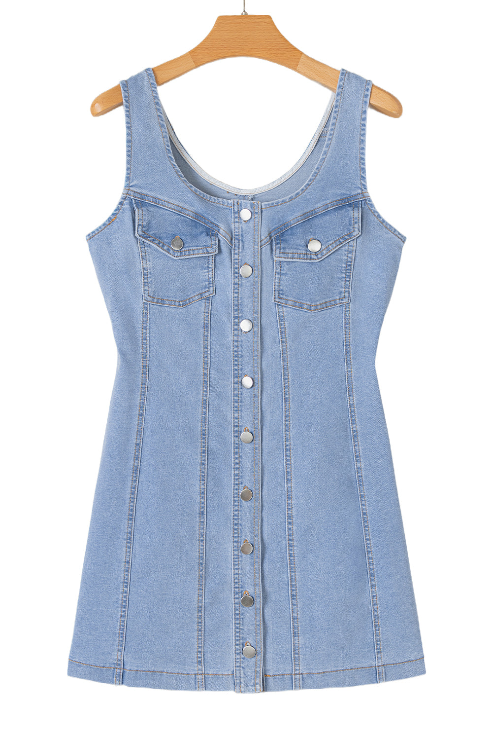 Beau Blue Light Wash Denim Buttoned Front Chest Pockets Sleeveless Slim Mini Dress