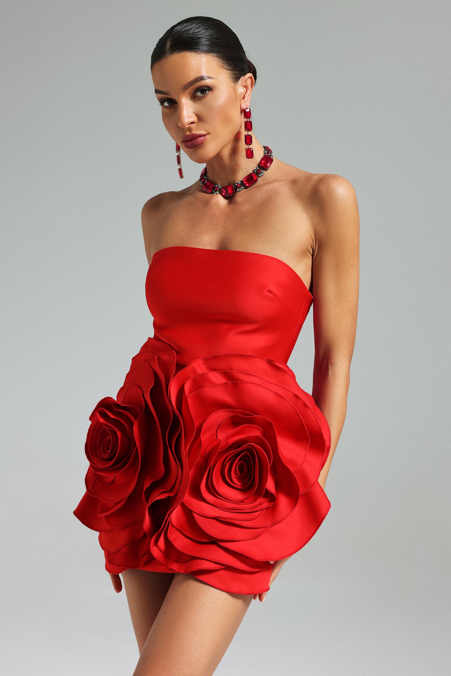 Shaha Flowers Tube Top Mini Dress - Red Sexy Elegant Evening Party Wear Dress