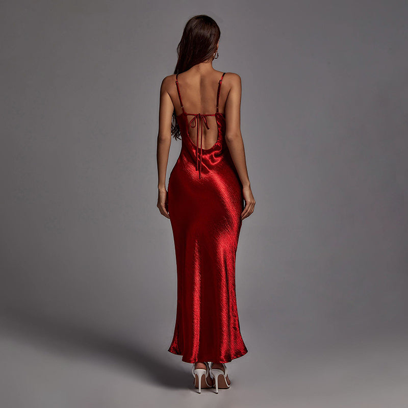 Siara Spaghetti Strap Metallic Long Backless Maxi Dress