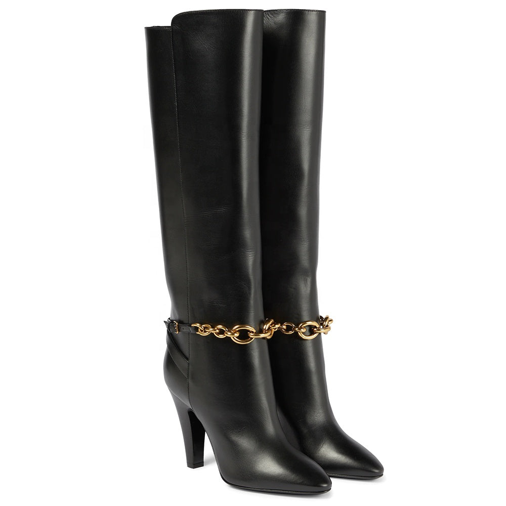 Black Pointed Toe Metal Chain Slip On Winter Large Size High Knee Boots