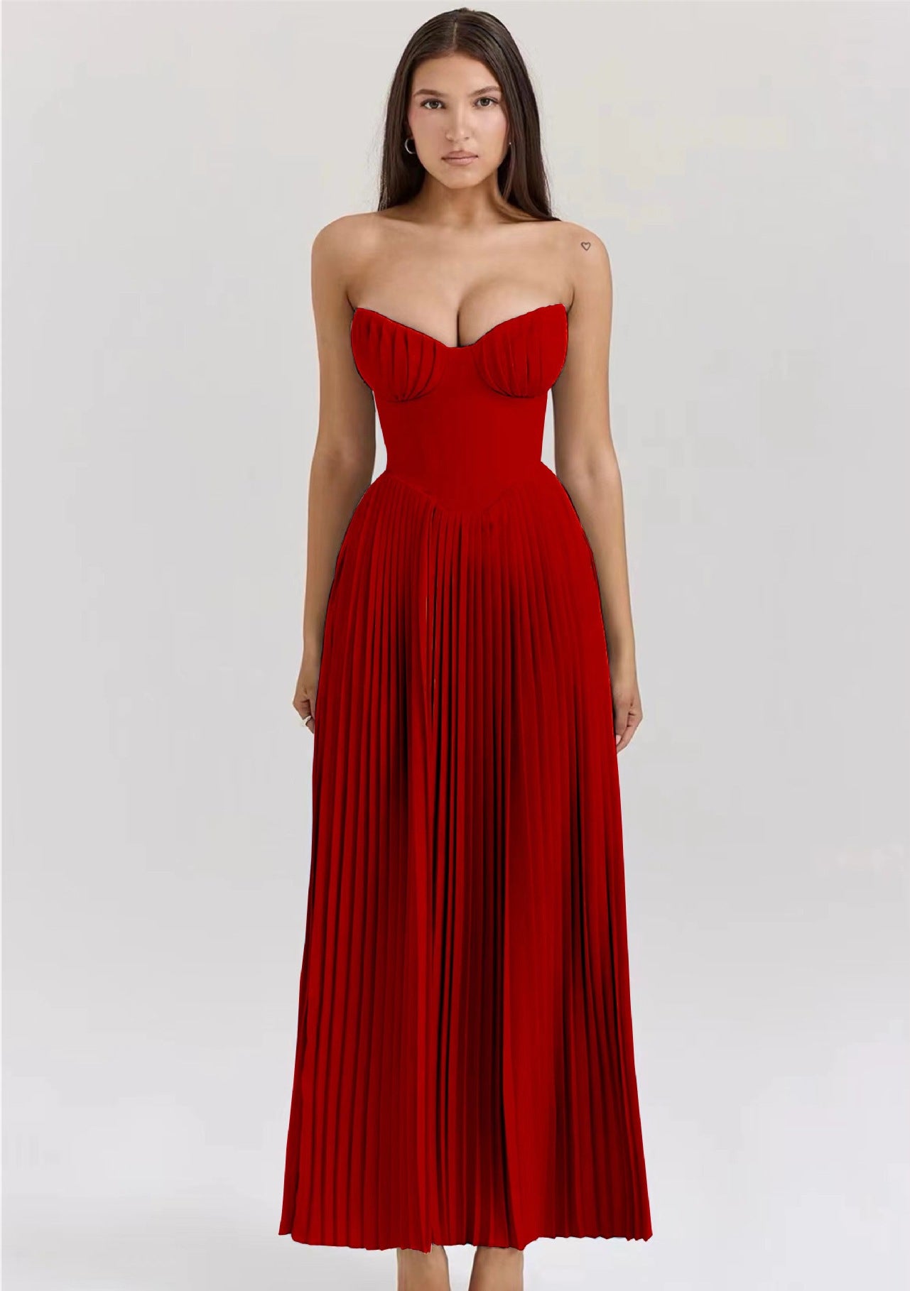 Peony High Waist Strapless Pleated Maxi Dress