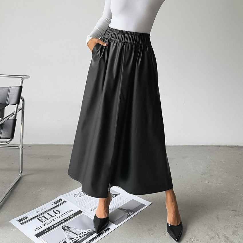 Midi Skirts A-line Skirt Elegant PU